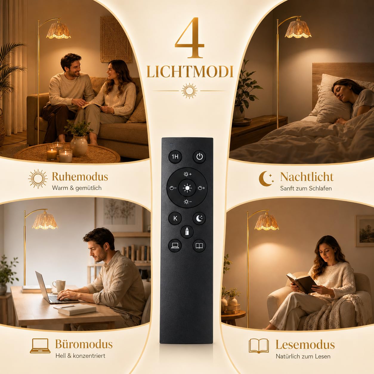 Stehlampe Wohnzimmer Boho, Raffia Lampenschirm in Blütenform, Dimmbar mit Fernbedienung, Timer, 3 Lichtmodi und Speicherfunktion, Gold Bogenlampe Fußschalter für Schlafzimmer & Büro, H170cm