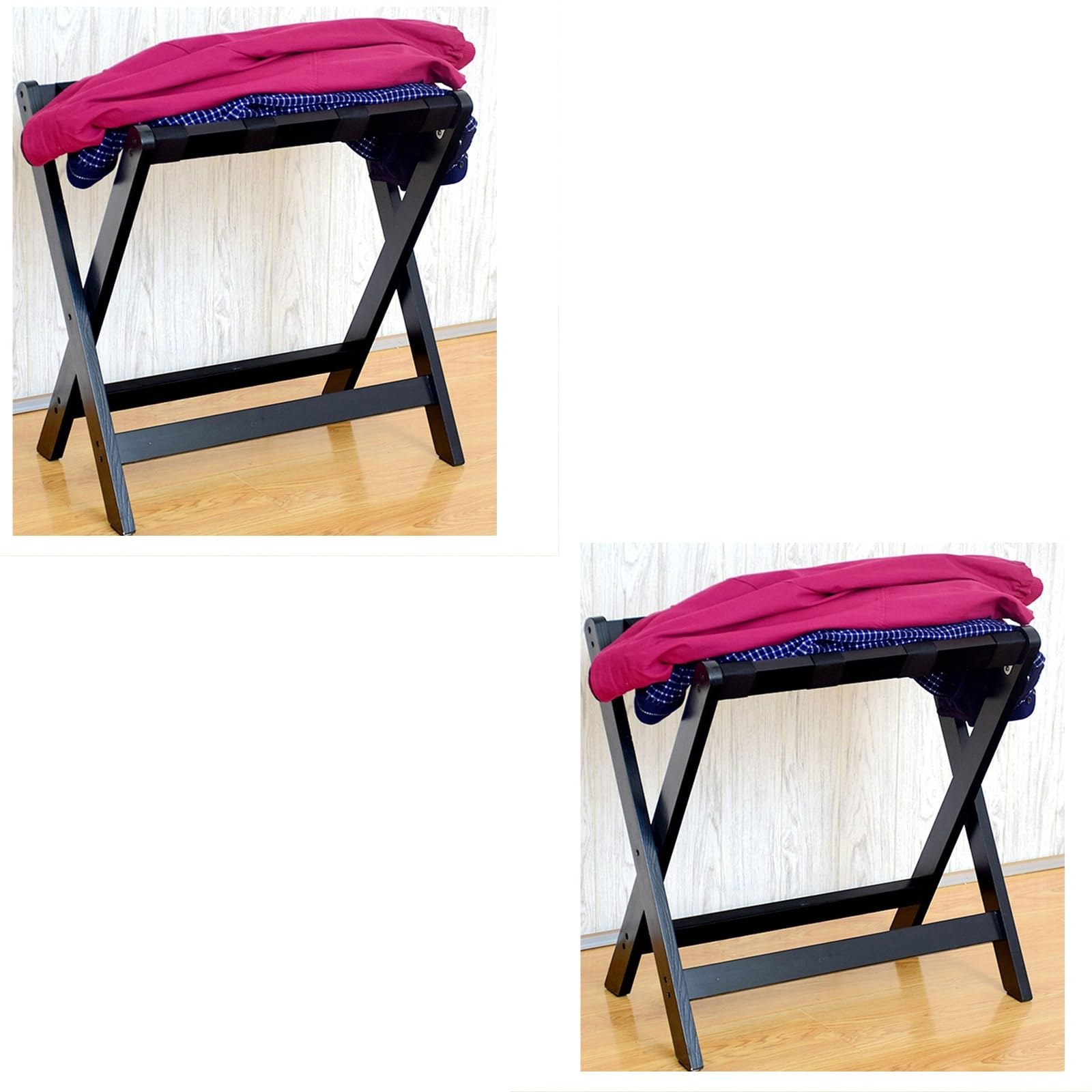 MSHGSKU Luggage Rack Luggage Racks For Suitcases Foldable Suitcase Holder Suitcase Holder With Nylon Straps, Solid Wood Travel Luggage Rack, Guest Room, Hotel, Shelving,Black-2pcs
