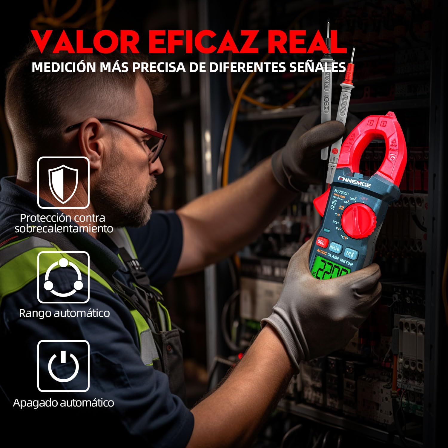 FNNEMGE Pinza Amperimétrica Digital DC/AC: 0-600A, Multímetro Valor Eficaz Real 6000 Cuentas, Medición NCV Corriente Alterna/Corriente Continua, Voltaje, Resistencia, Capacitancia, Temperatura