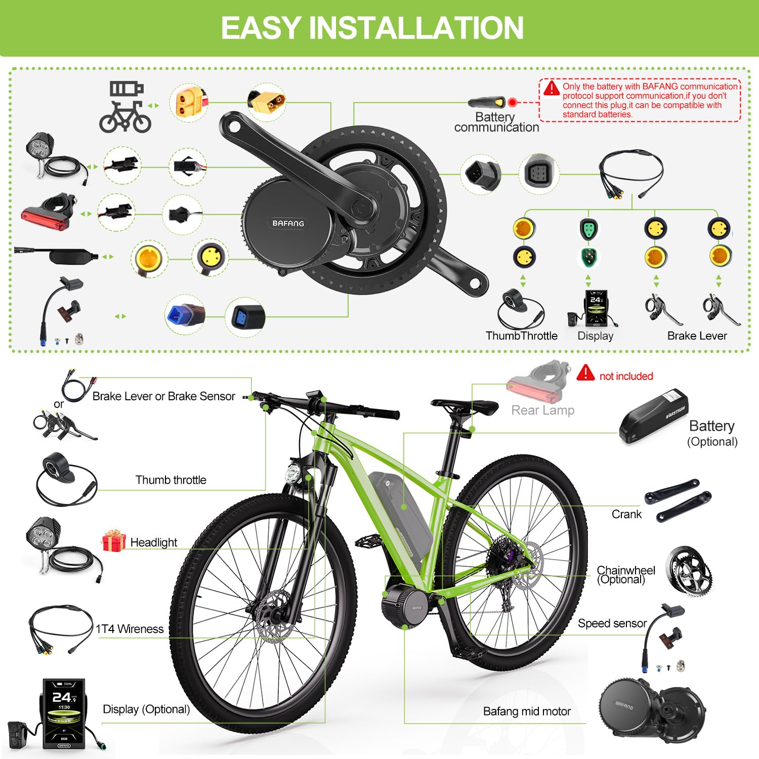 BAFANG 250W 350W 500W 750W 1000W Middle Motor Kit mit optionalem Akku, BBS01 BBS02B HD Mittelmotor DIY 8Fun E-Bike-Umbausatz mit LCD-Display & EBike-Akku für BB 68-120MM E-Bike.