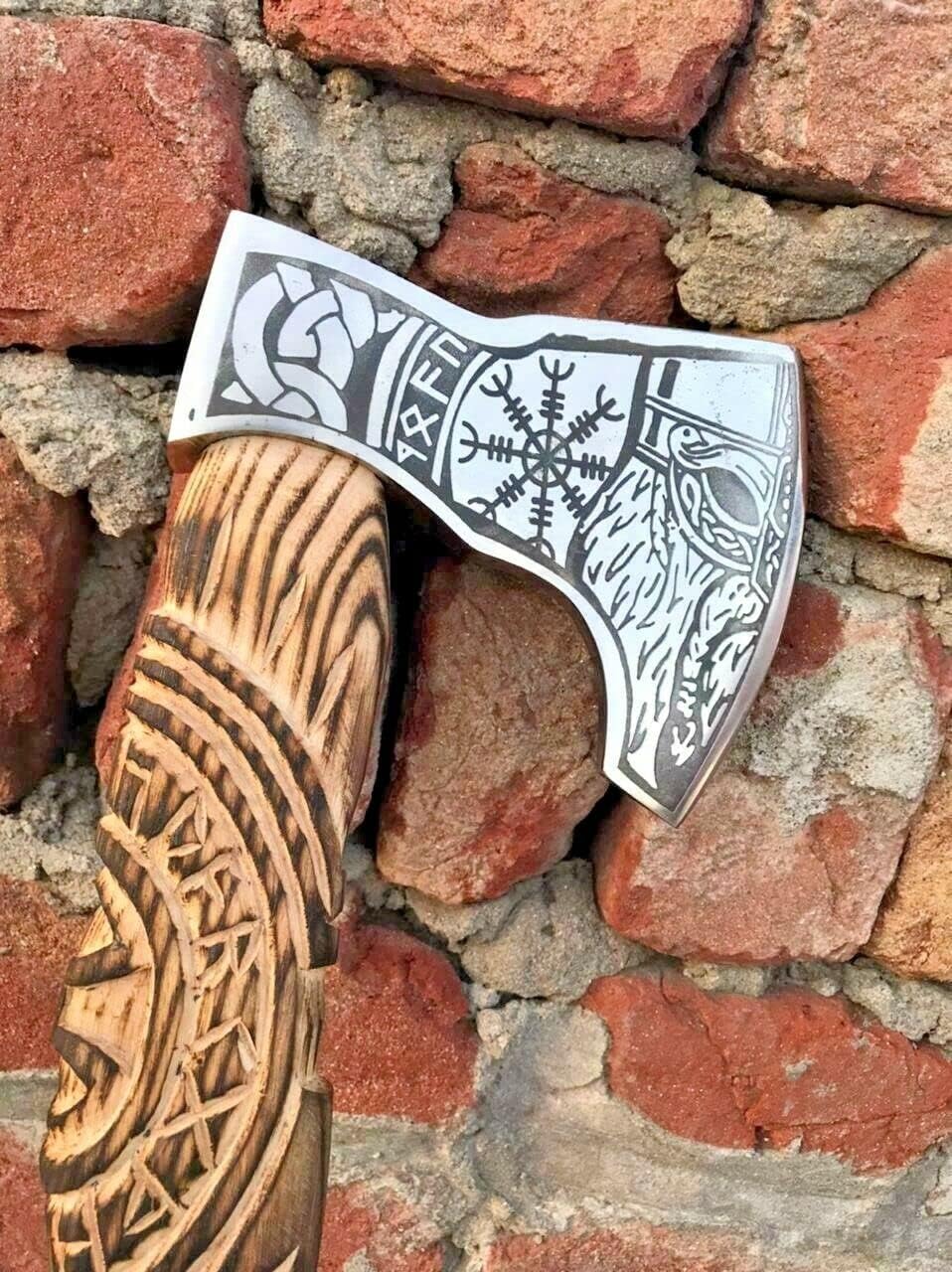 Etched Viking Axe in High Carbon Steel with Free Leather Sheath, Built for Outdoor Adventure
