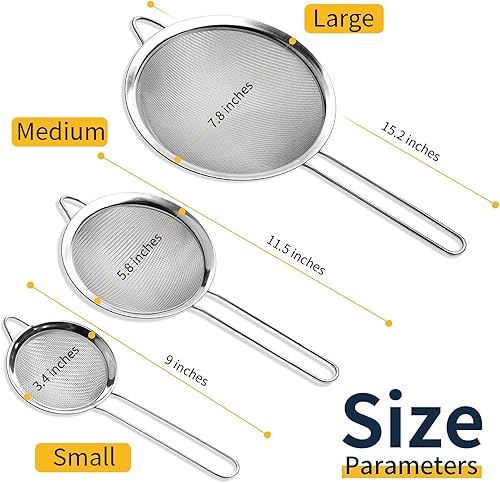 Miniatura 4 de Supercenter Colador de malla fina, tamiz de malla fina de acero inoxidable, juego de 3 coladores pequeños de malla fina para cocina, tamiz de
