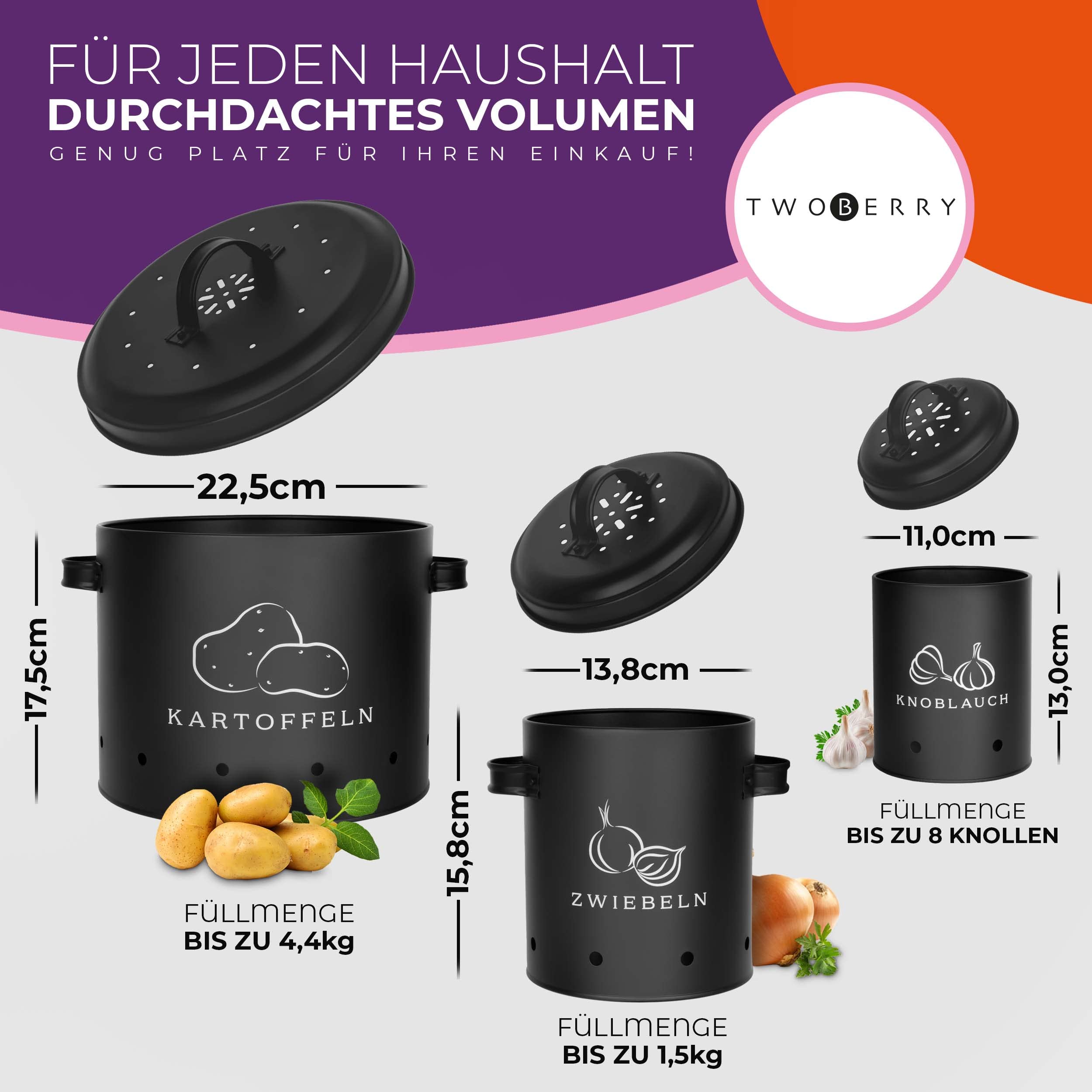 TWOBERRY Kartoffel Aufbewahrungsbox [3er Set] inkl. Sparschäler- längere Haltbarkeit durch 360° Luftzirkulation - Zwiebel Aufbewahrung, Kartoffel Aufbewahrung & Knoblauch Aufbewahrun Küche