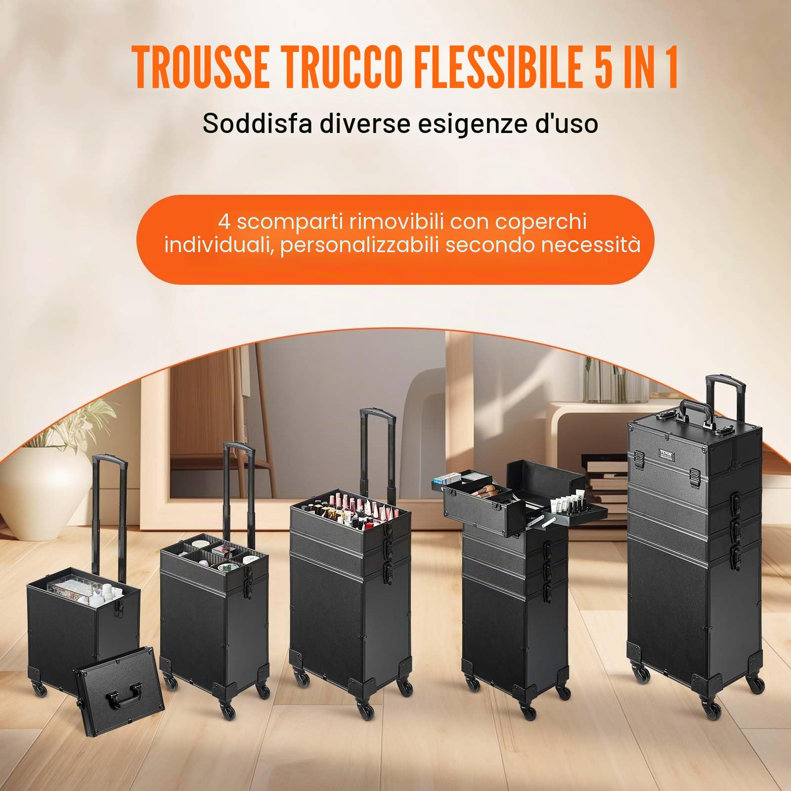 VEVOR Valigetta per Trucco con Ruote 5 in 1, Valigia Portatile da Viaggio con Manico a Ruote per Estetista Parrucchiere, Scatola a Ruote per Trucco Professionale Telaio in Alluminio Impermeabile Nero