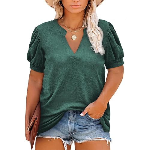 Eytino Womens Plus Size Tops V Neck Puff Short Sleeve Summer Loose Casual Solid Tees Shirts(1X-5X)