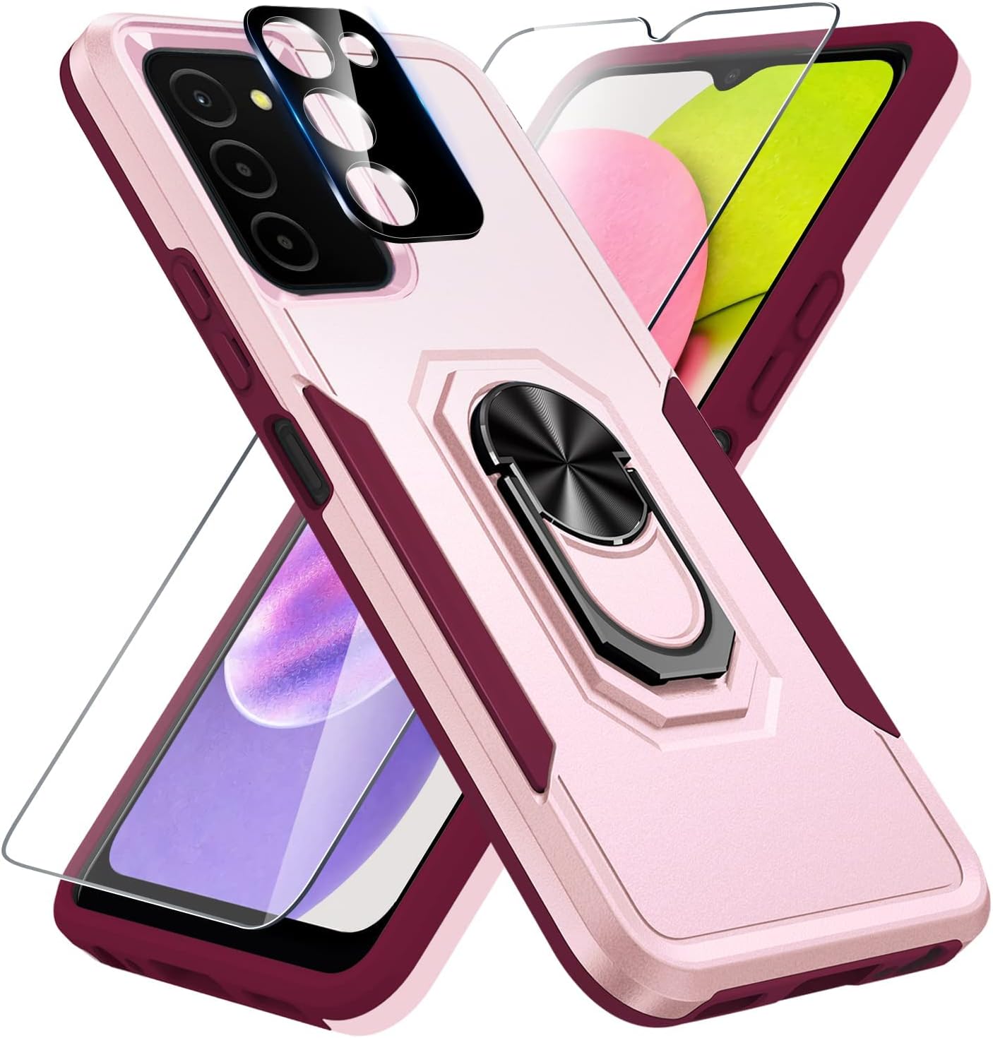 Janmitta Case for Samsung Galaxy A03s with Screen Protector+Camera Lens Protector,Heavy Duty Shockproof Full Body Protective Cover,Built in Finger Ring Stable Holder Kickstand,2022 Girly Pink