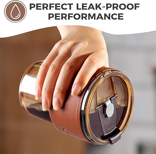 Miniatura 5 de Puraville Taza de café de 12 onzas, 2 tazas de vidrio con tapas y pajitas, juego de tazas de café con funda aislada, tarro de vidrio, ámbar