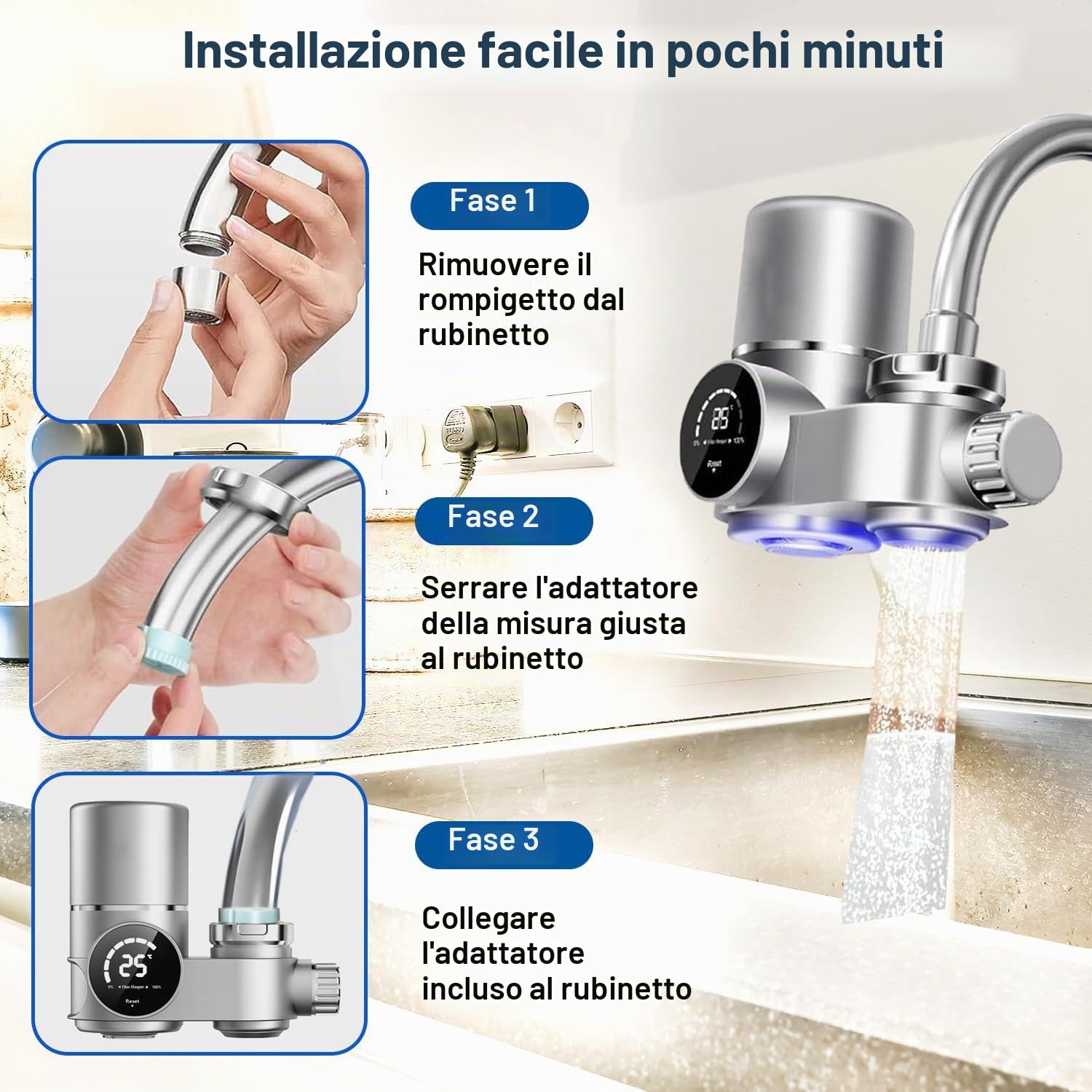 Filtro acqua rubinetto con 3 cartucce, Sistema di Filtro Dell'acqua con UV luce e display LED, Rimuove piombo, cloro e metalli pesanti