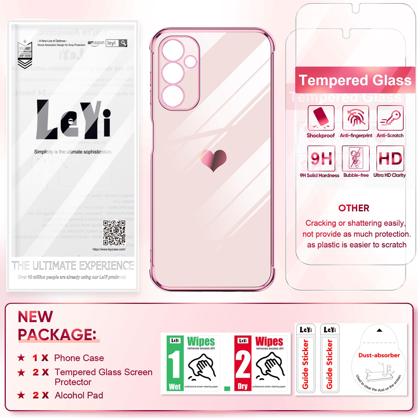 LeYi for Galaxy A14-5G Phone Case: Screen Protector [2 Pcs]+ Full Camera Lens Protection, Love Heart Plating Girly Luxury Shockproof Cell Cover Basic funda para Samsung Galaxy A 14, Pink