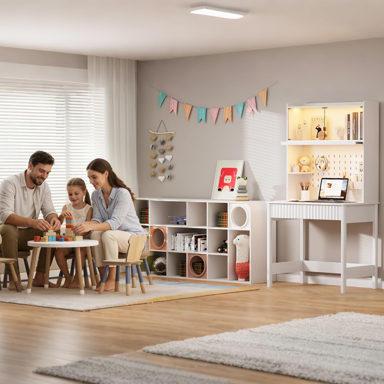 Lvifur 31.5" Small Study Desk with - Glass Doors,Computer Desk w/Charging Station and LED Reading Lights,Compact Writing Desk with Drawers,Writing Home Office Desks for Small Spaces Bedroom,White