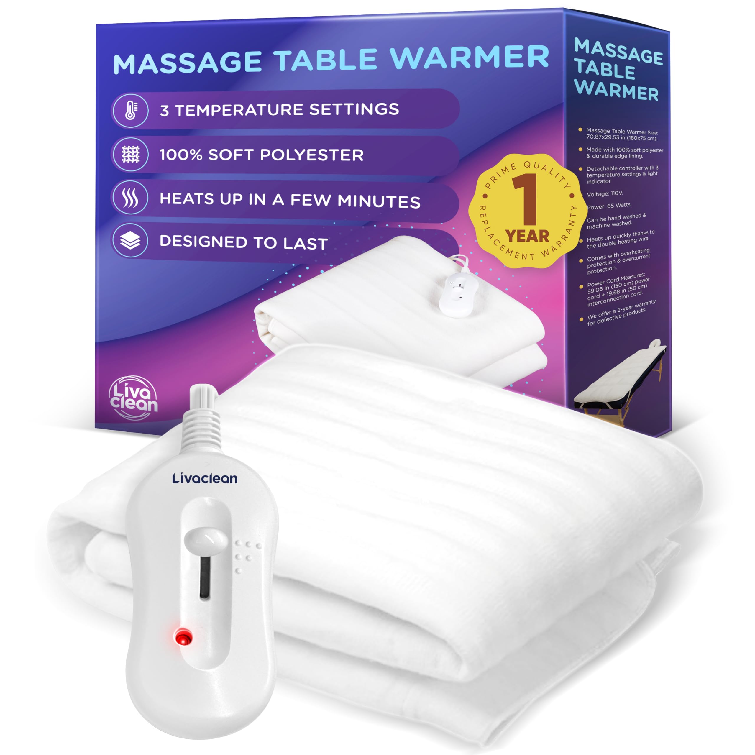 Massage Table Warmer Heating Pad Blanket w/ 3 Temperature Settings - (70.8” x 29.5”) Electric Heated Blanket, Spa Beauty Massage Therapy
