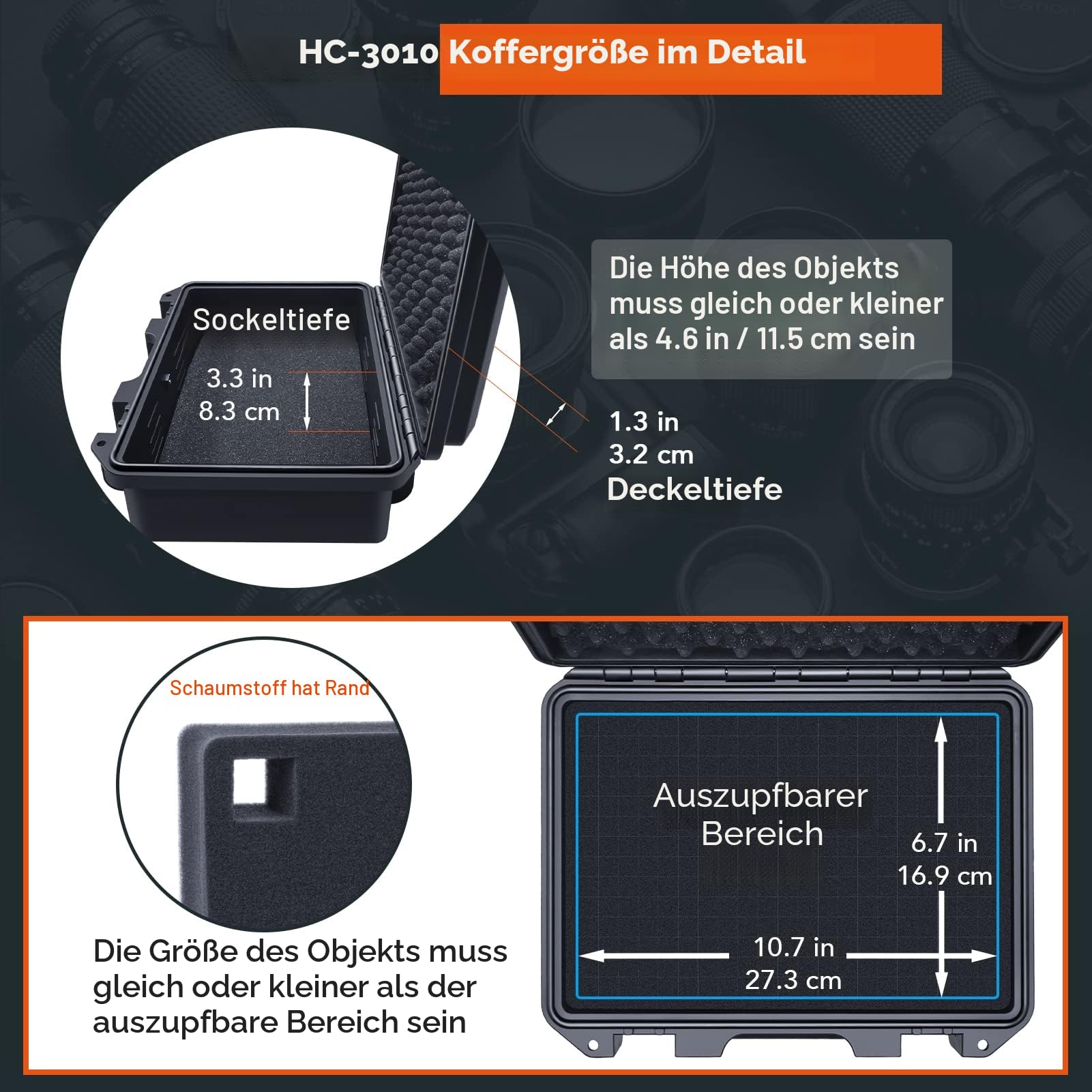 Lykus HC-3010 Wasserdicht Pistolenkoffer/Waffenkoffer mit anpassbar Rasterschaumstoff, Innengröße 30x20x12 cm, geeignet für Pistole, kleine Drohne, Camcorder, Actionkamera und andere
