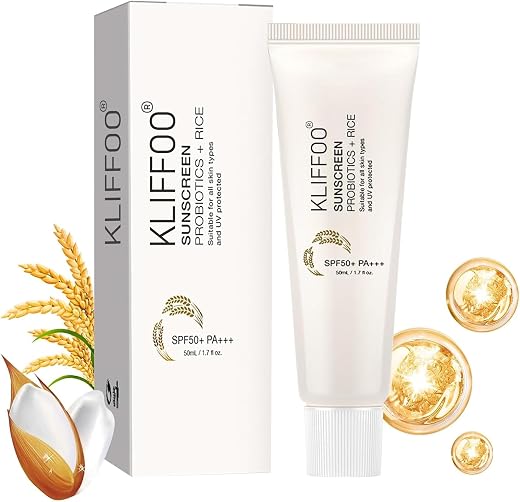 KLIFFOO Relief Sun Organic Sunscreen with Rice and Probiotics SPF 50+ PA++++ Korean Sunscreen Cream for All Skin Types UV ...