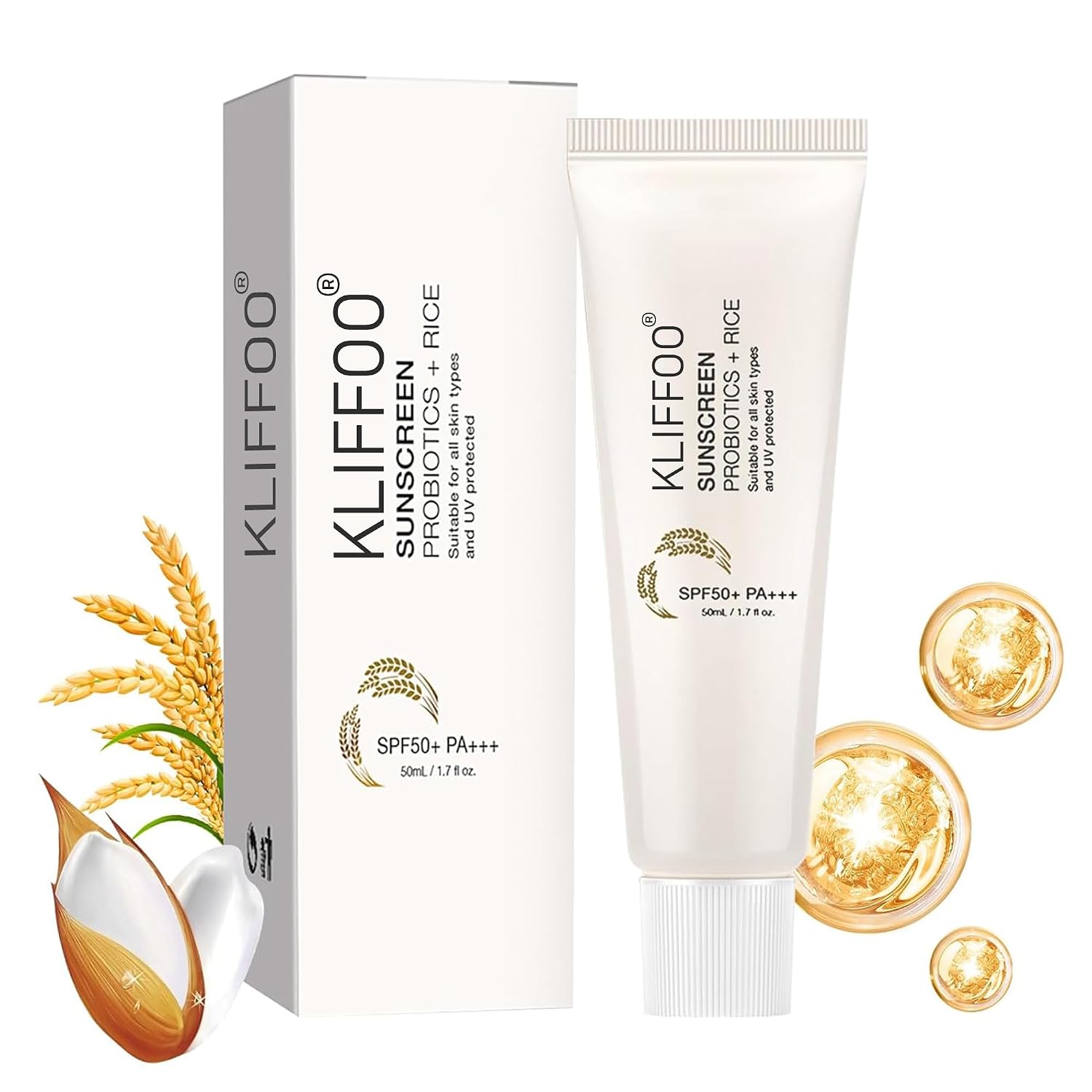 KLIFFOO Relief Sun Organic Sunscreen with Rice and Probiotics SPF 50+ PA++++ Korean Sunscreen Cream for All Skin Types UV ...