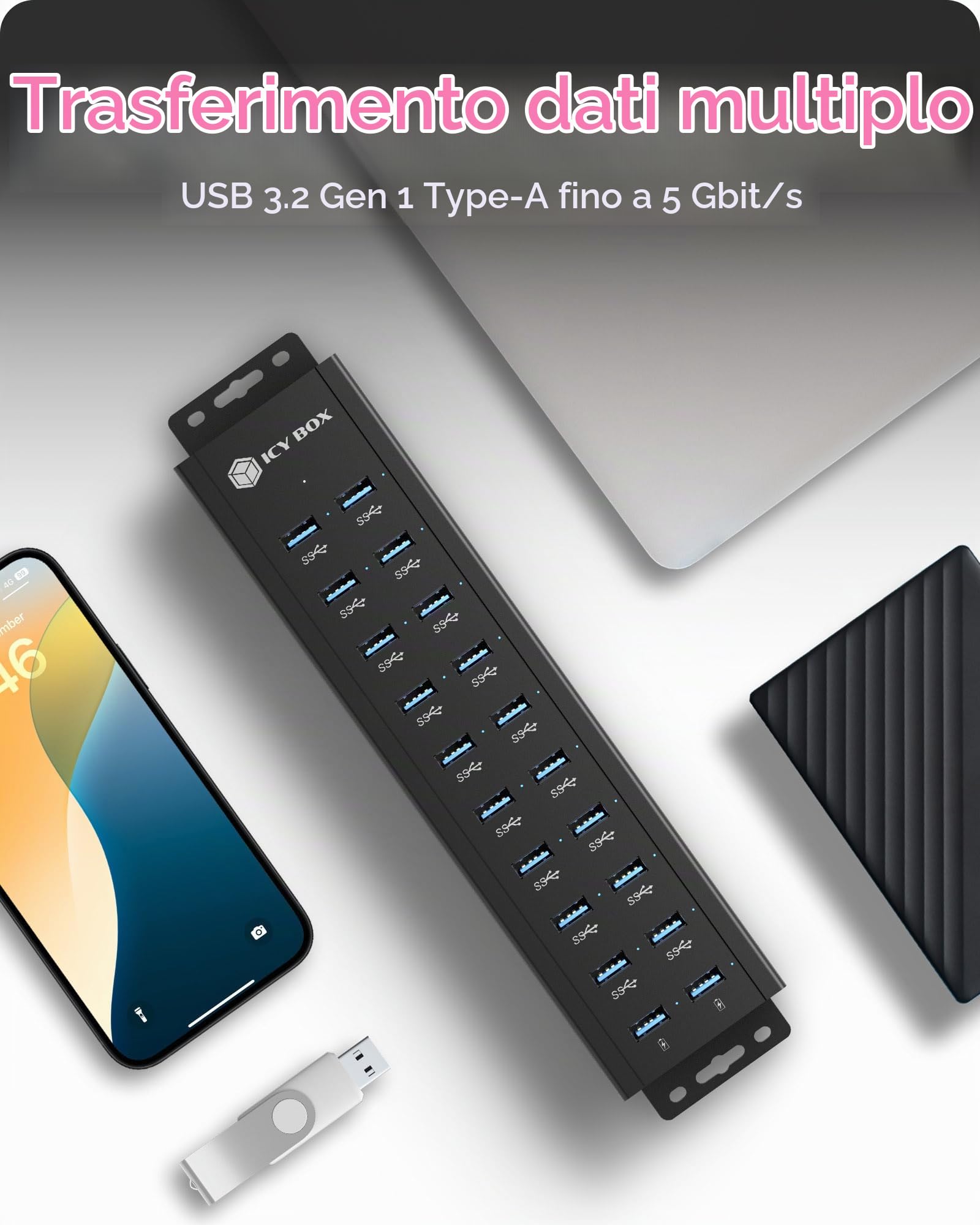 ICY BOX Hub USB 3.2 Gen 1 a 20 porte con alimentatore da 12 V / 3 A, corpo in alluminio e 2 porte di ricarica USB, modello IB-HUB1720-U3