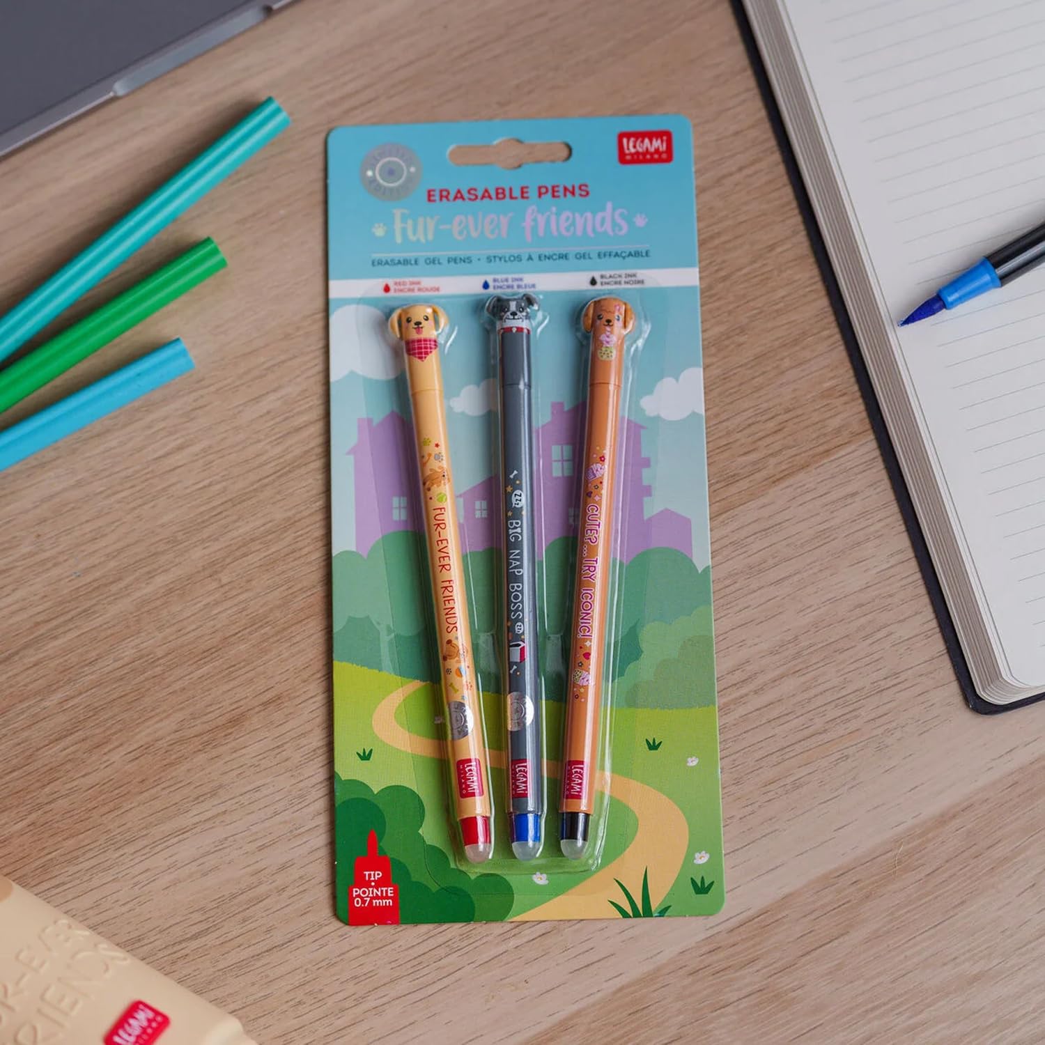 LEGAMI Fur-ever Friends + Farm Sweet Farm Lot de 23 stylos à encre gel effaçable avec encre sensible à la chaleur, encre colorée et motifs sur le thème des animaux, pointe de 0,7 mm, chiens et animaux