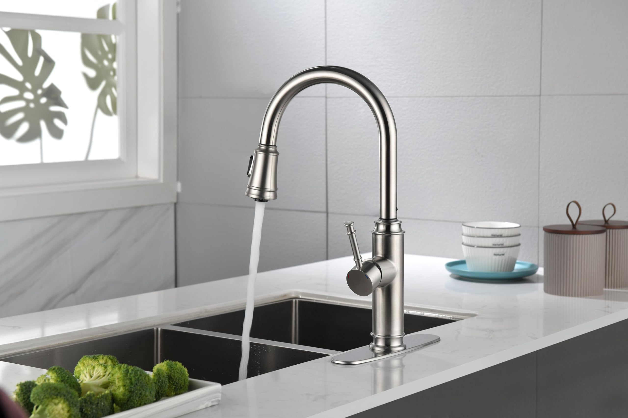 COSZWQDP Sleek and Functional Single Handle High Arc Pull Out Kitchen Faucet with Down Sprayer - Brushed Nickel