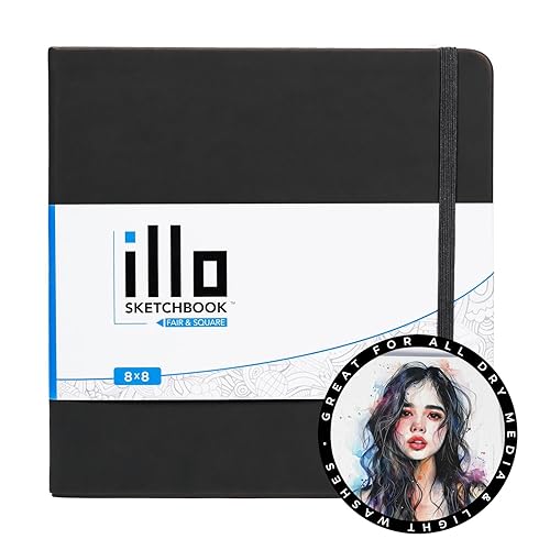 illo Sketchbook 8’’ x 8’’ Square Hardcover Sketch Book, (112lb/180gsm) Heavyweight Paper, Ribbon Marker, Back Pocket, Lays Flat, Minimal Bleed, Vegan, for Artists & Beginners - 8x8