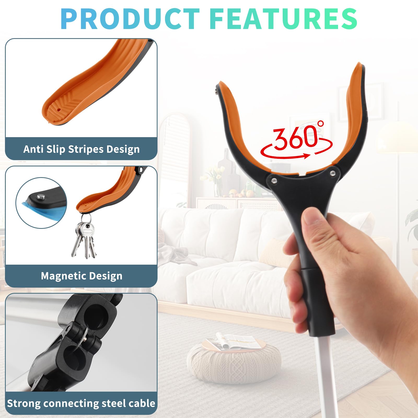 110cm Pince Ramasse Objet Pince pour Ramasser sans se Baisser Pince Telescopique Ramasse Objet avec Aimant pour Seniors Femme Enceinte Handicapés (Orange)