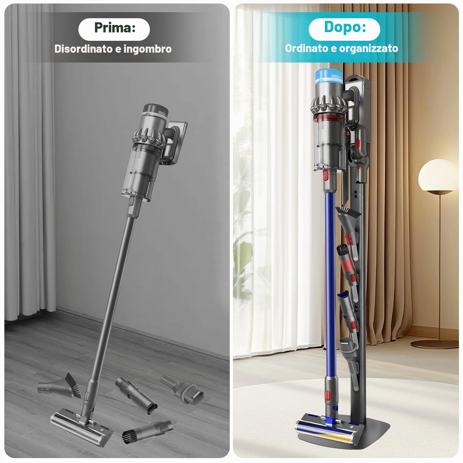 FrontLine - Supporto per aspirapolvere per Dyson Gen5, V8, V15, V12, V11, V10, V7, V6, in metallo, stabile, senza fori, da pavimento, organizer salvaspazio con 4 ganci per aspirapolvere Dyson cordless
