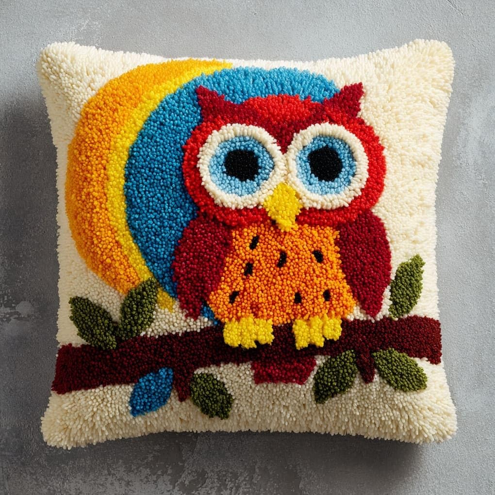 Henypt DIY Latch Hook Cushion Kit 43x43cm,Owl on the Moon Complete Needlecraft Set with Pre-Cut Yarn & Tools,Creative Home Decor Gift for All Ages