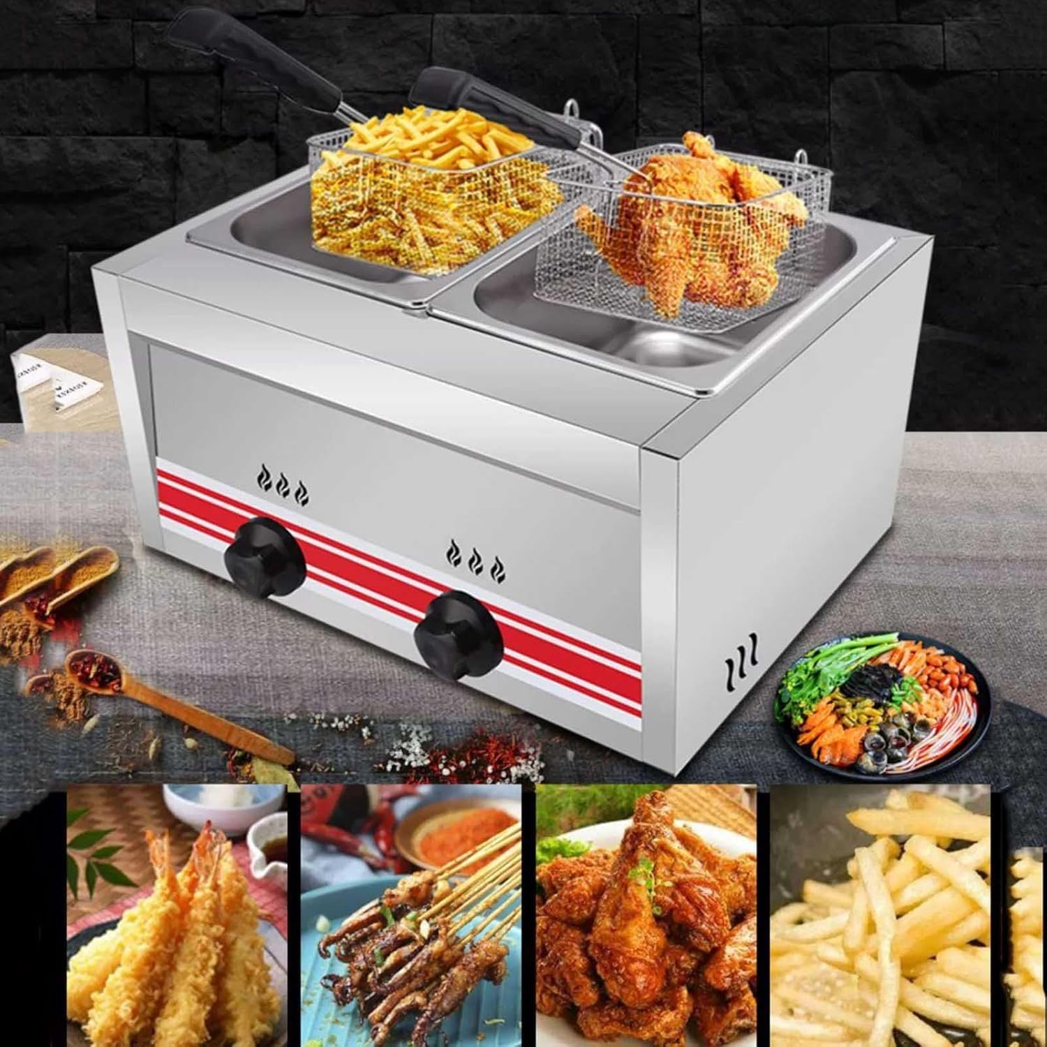Friggitrice A Gas Professionale, Friggitrice Commerciale in Acciaio Inossidabile con Cestelli E Coperchi per Friggitrice, per Cucina Domestica per Ristoranti Commerciali, Triplecylinder10l+10l+10l