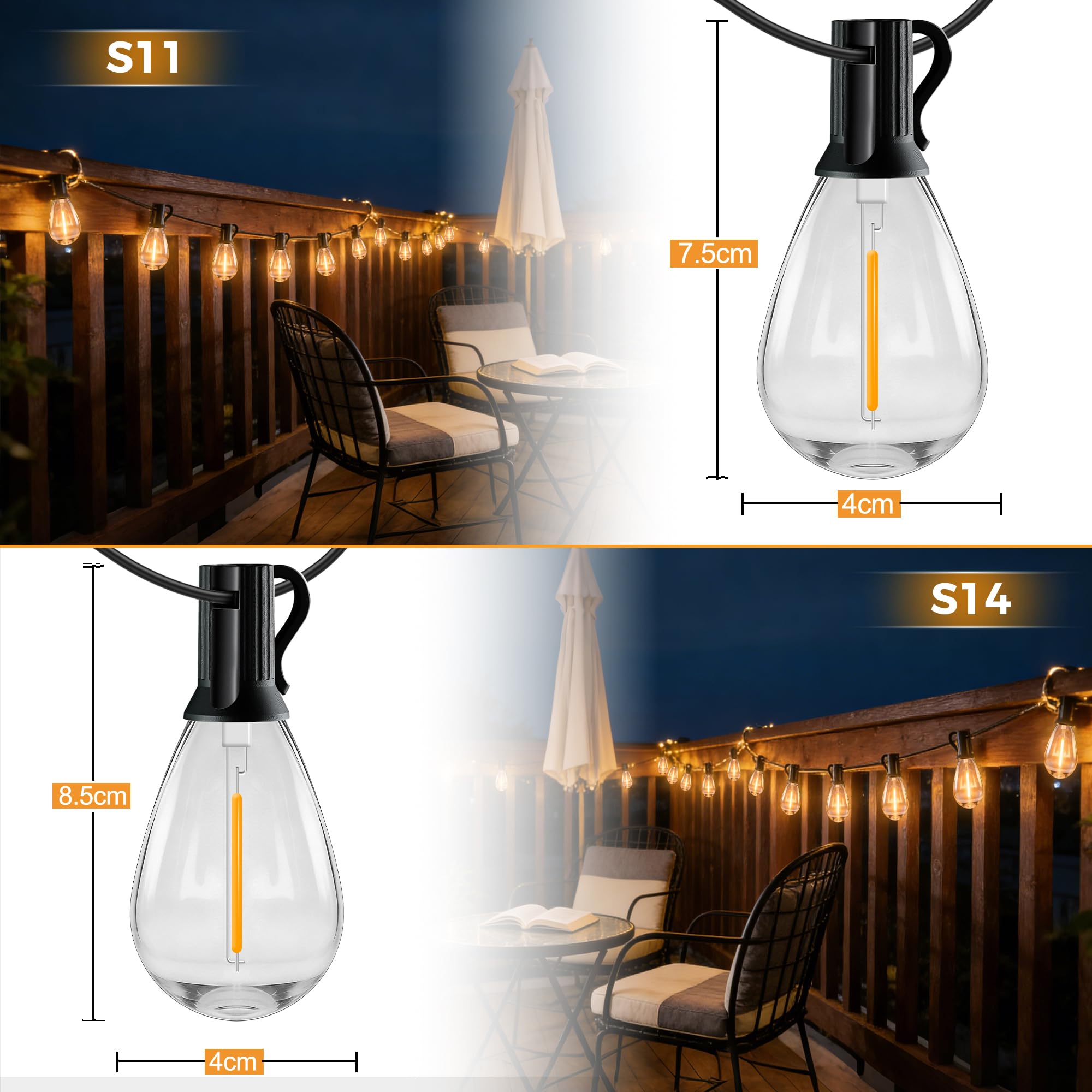 HeiPard Guirnalda Luces Exterior 30m, Luces LED Exterior con 50+2 S14 Bombillas 2700K, Mando RF y APP Inteligente, Regulable 4 Brillo 3 Modos, IP44 y Seguro 24V, para Luces Exterior Jardín y Terraza
