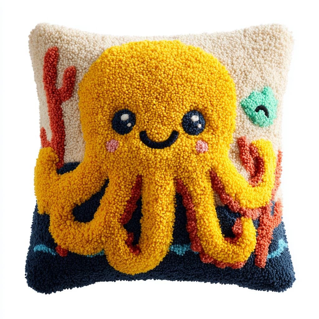 Taxpy Latch Hook Cushion Kits, Cartoon Octopus Latch Hook Pillow Case Kits Embroidery Kit 43x43cm, DIY Needlework Pillow Cover Sofa Cushion Rug Making Kit