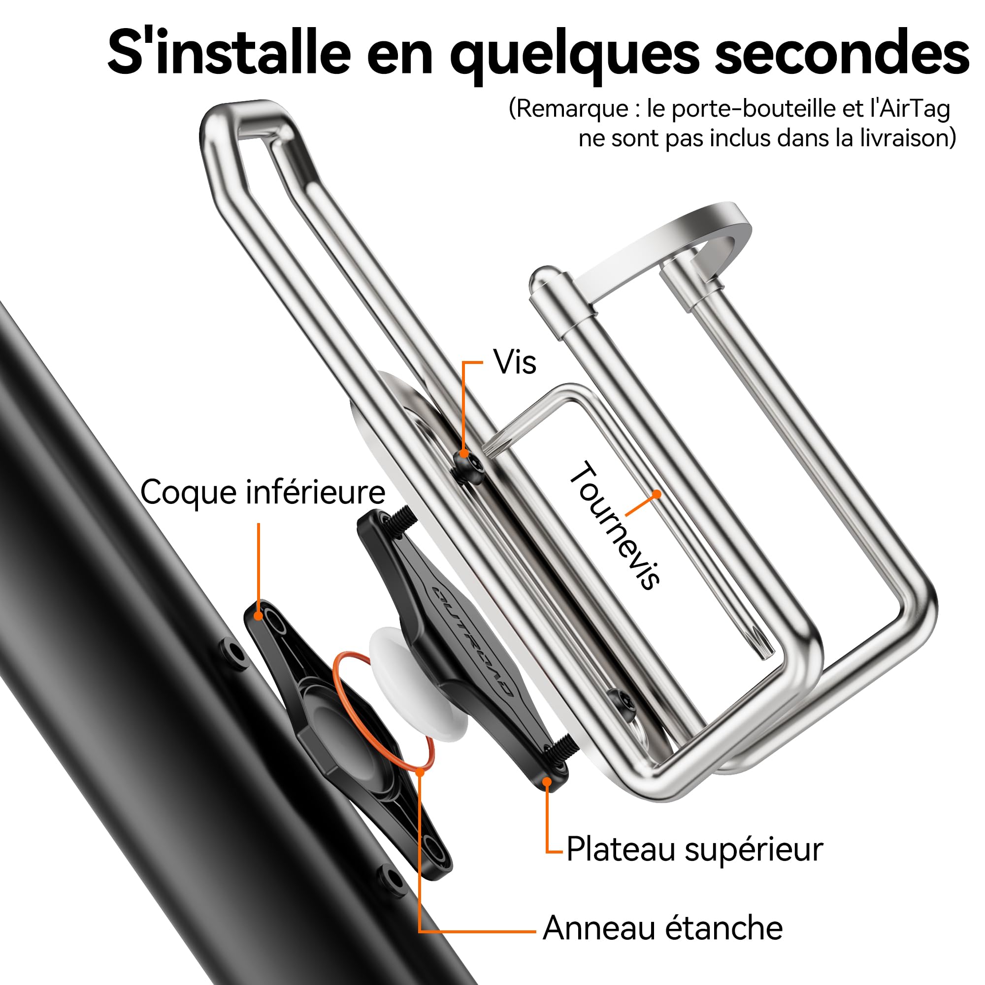 CITYWAY Support imperméable pour vélo AirTag, caché sous le porte-bouteilles, vis de sécurité, antivol, sécurité discrète (noir)