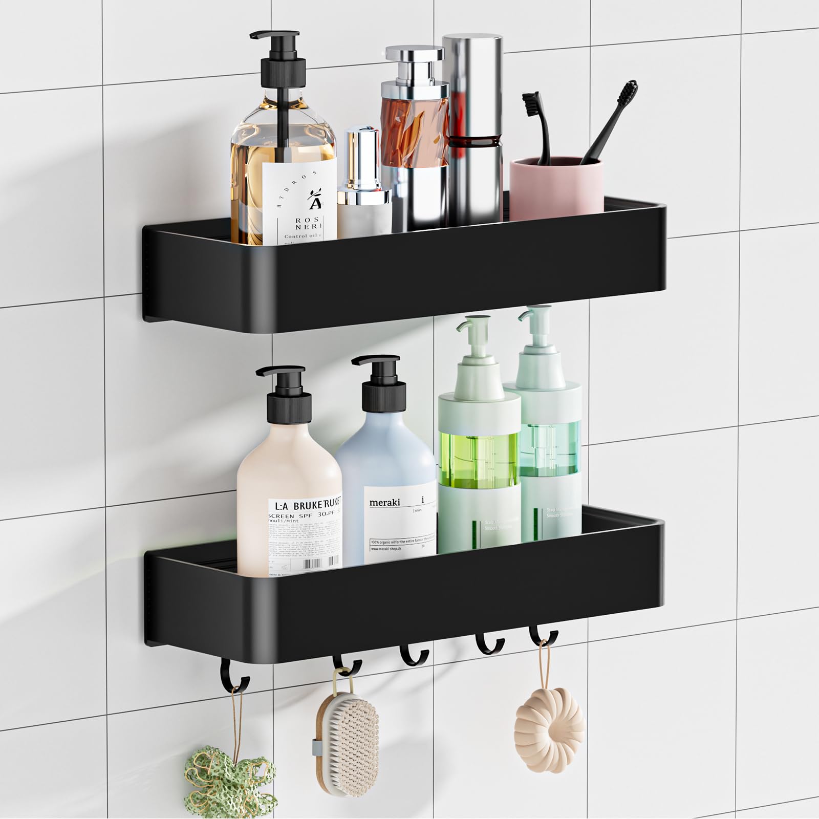 Wisfame Shower Caddy Adhesive No Drill Rustproof Bathroom Shelf 2 Pack Large Capacity Aluminum Shower Shelves Shower Organizer