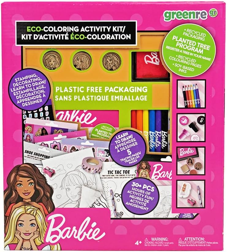 greenre Barbie Eco-Medium Colouring Activity Box- with Sticker Sheets, Activity and Tracing Pad, Sharpener, Eraser for Boys and Girls 3,4,5,6+ Under Tree Planting Program