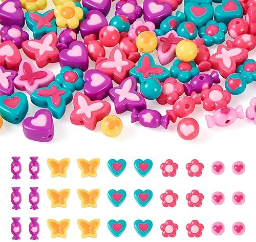 FASHEWELRY 75 cuentas acrílicas de corazón y mariposa, cuentas de poni pastel, colores dulces, espaciadores, cuentas sueltas para hacer joyas,