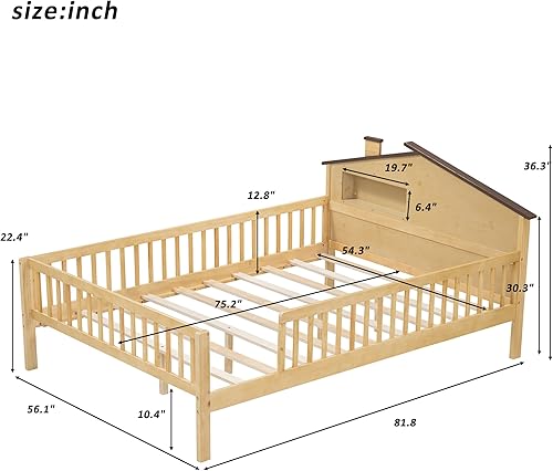 Miniatura 101 de Moderna plataforma de tamaño matrimonial con cabecera de almacenamiento y barandilla de seguridad para niños, plataforma de madera funcional con luz
