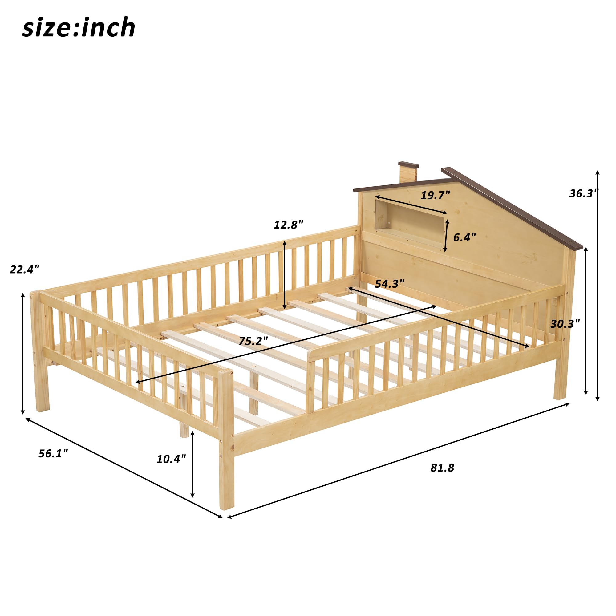 Merax Full Size Bed Frame with House-Shaped Headboard and Guardrails, Wood Platform Bed Frame Full Size with LED and Built-in Storage, Wood Slat Support, No Box Spring Needed, Natural