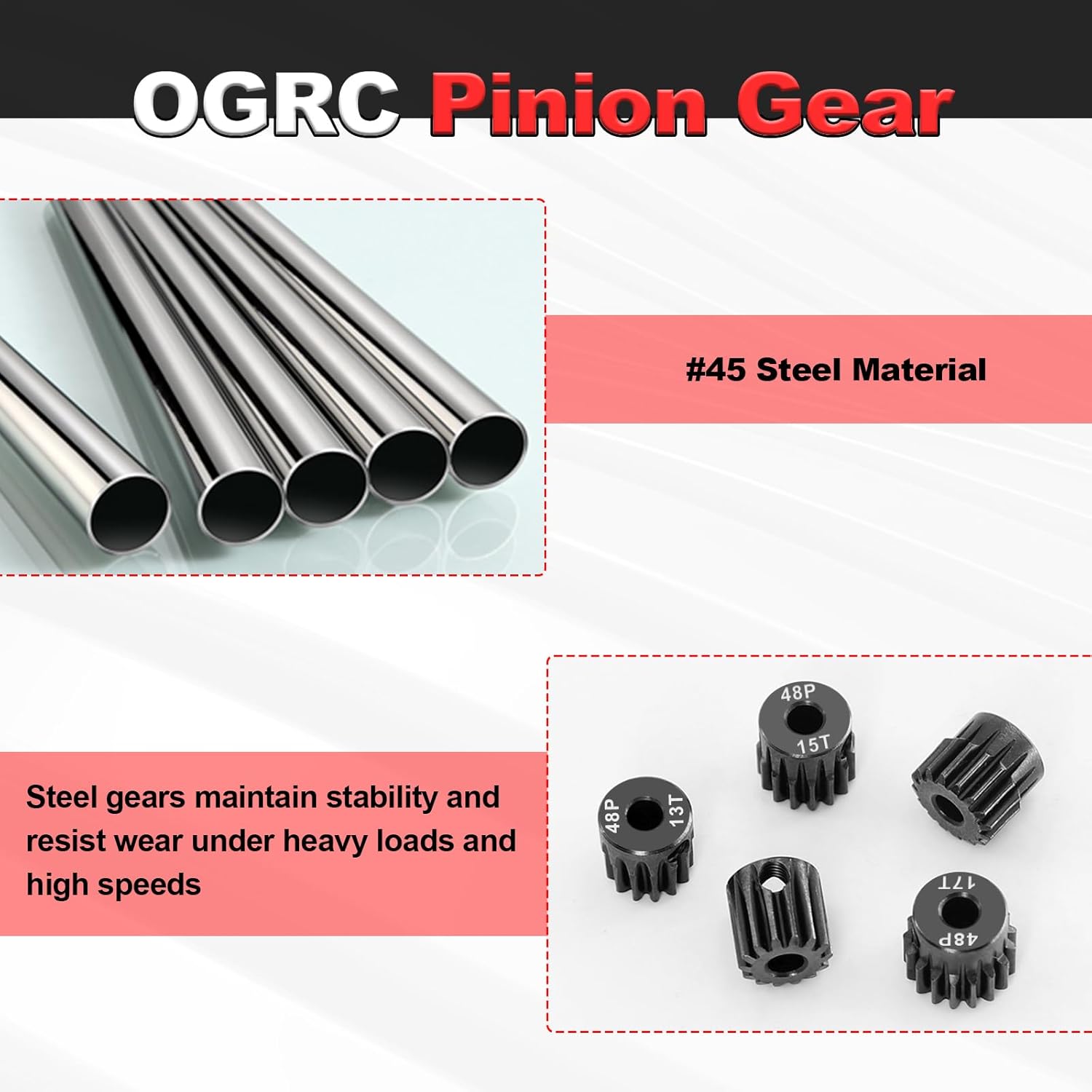 OGRC Steel Hardened 48P Pinion Gears 13T 14T 15T 16T 17T 3.175mm (1/8-Inch) Shaft for Traxxas Arrma HSP HPI AXIAL Tamiya Losi 1/10 RC Car