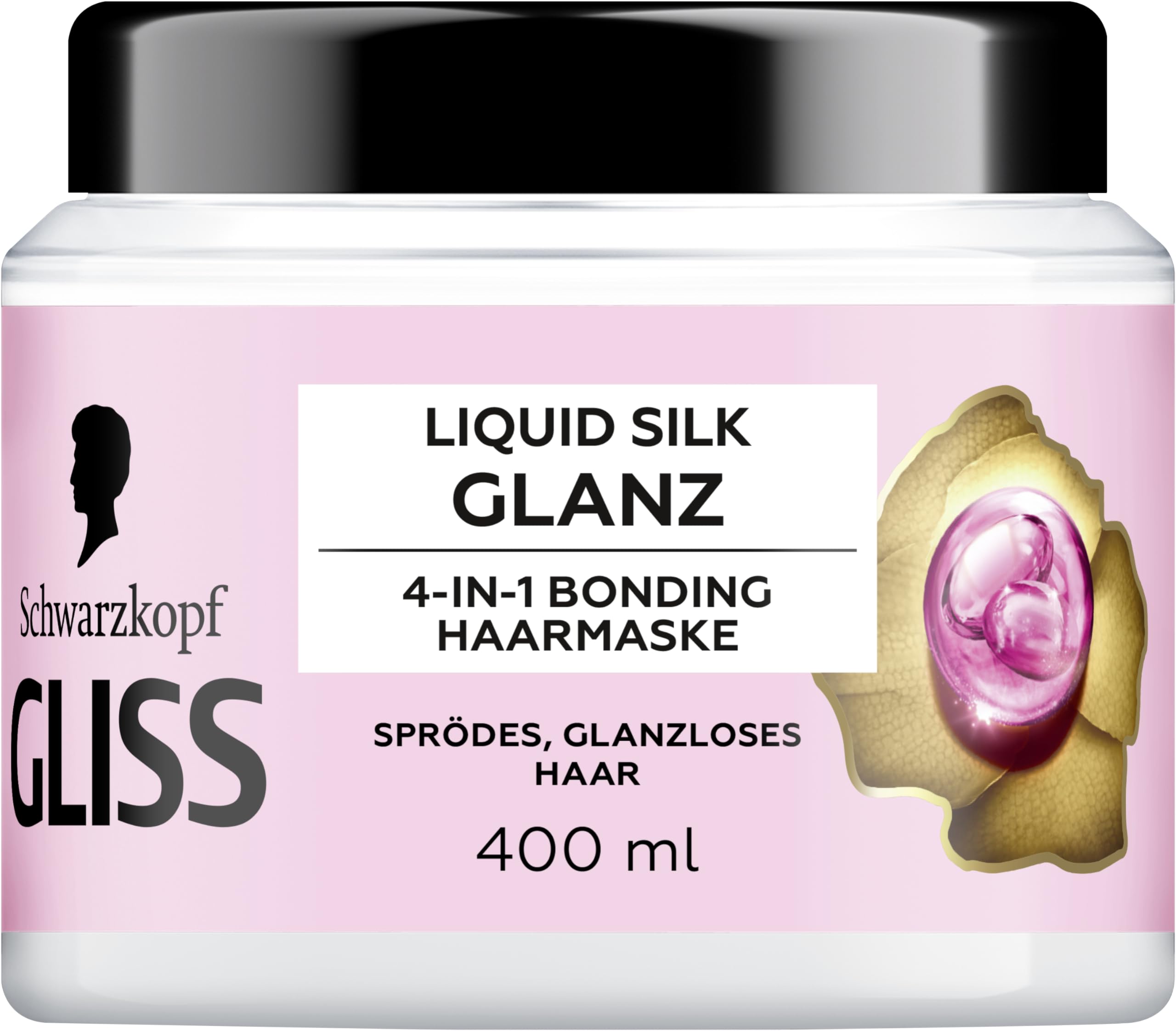 Gliss 4 w 1 kuracja Liquid Silk (400 ml), kuracja do włosów z systemem HAPTIQ i jedwabiem zapewnia gładkie włosy, pełny połysk, maska do włosów łamliwych, bez połysku