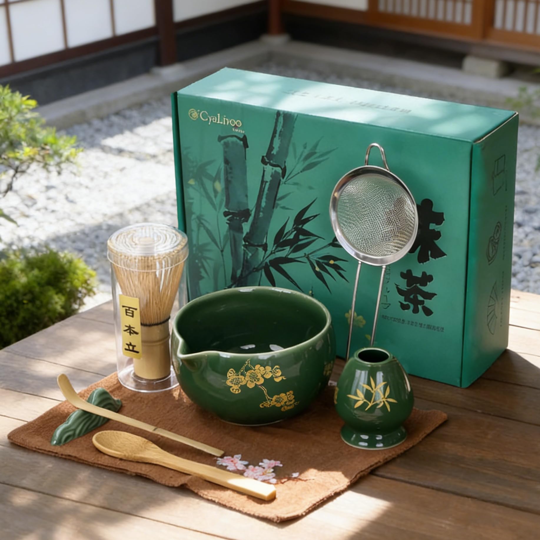 Juego de batidor de matcha, cuenco de cerámica con boquilla, batidor y soporte para matcha, cuchara y cuchara de bambú, soporte para cuchara, tamiz, toalla, kit completo de 8 piezas para