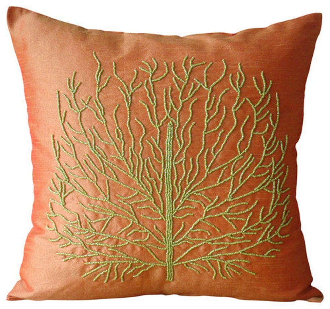 The HomeCentric Orange Euro Sham, Pack of 2, 65x65 cm (26"x26") Euro Sham, Beaded Green Tree Euro Cushion Shams, Silk Euro Sham, Floral Contemporary Euro Shams, French Pillow Cases - Money Tree