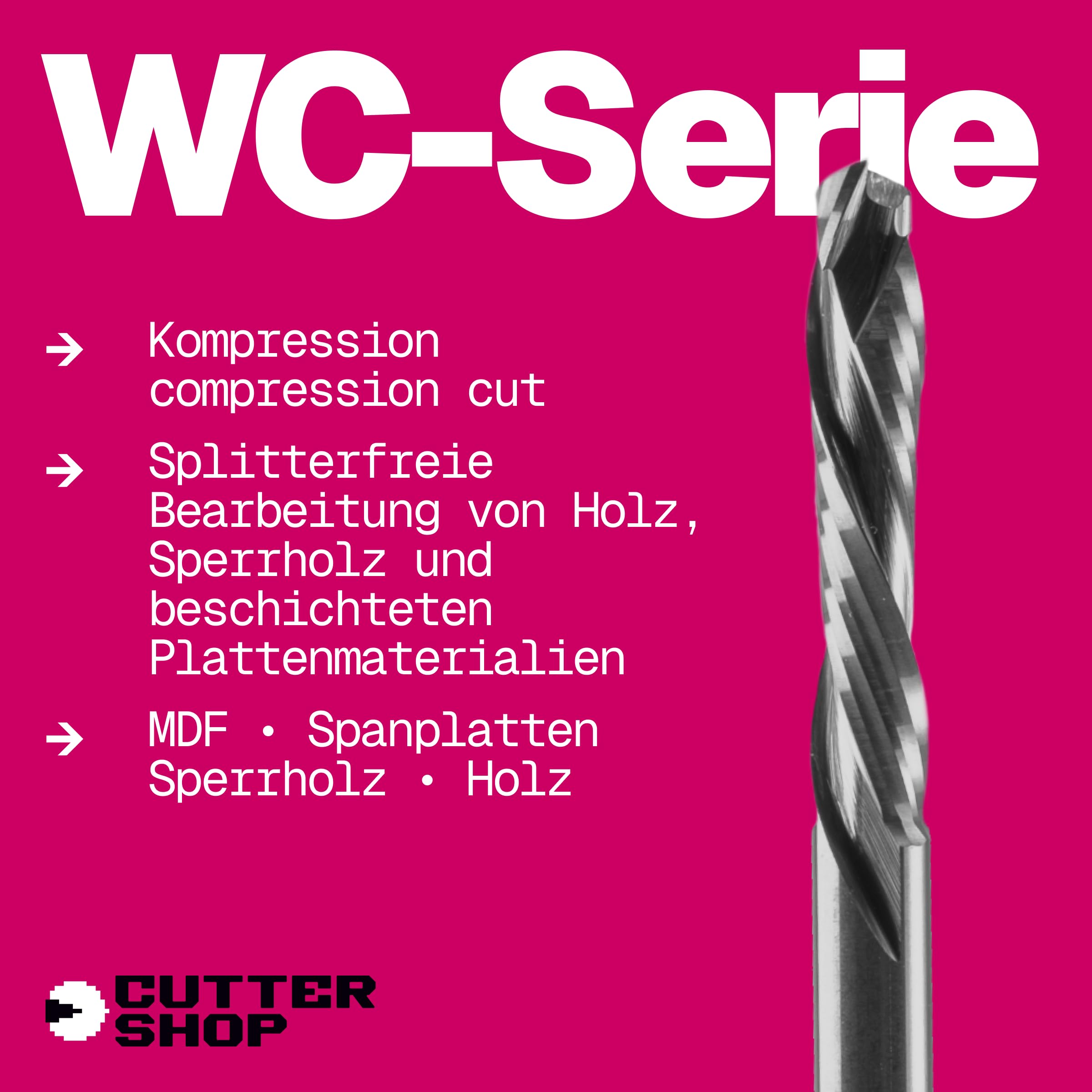 Frez kompresyjny CNC do drewna i materiałów drewnopochodnych – frez spiralny zapobiegający wyrwaniom, MDF, płyta wiórowa, sklejka, HRC65 | Seria WC – D8.0x8.0xL45/100