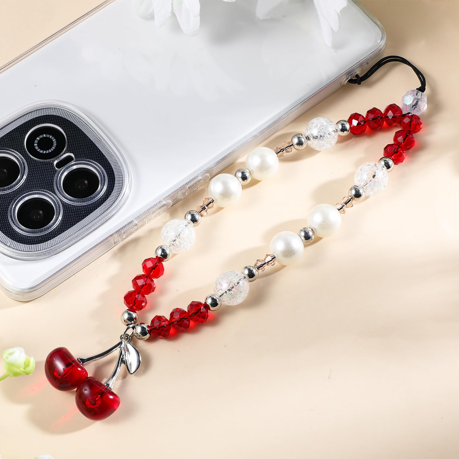 Cherry Phone Charm, Cute Beaded Phone Charm, Y2K Red CellPhone Lanyard Wrist Strap Kawaii Camera Pendants Keychain Accessories for Decor Gift — view 3