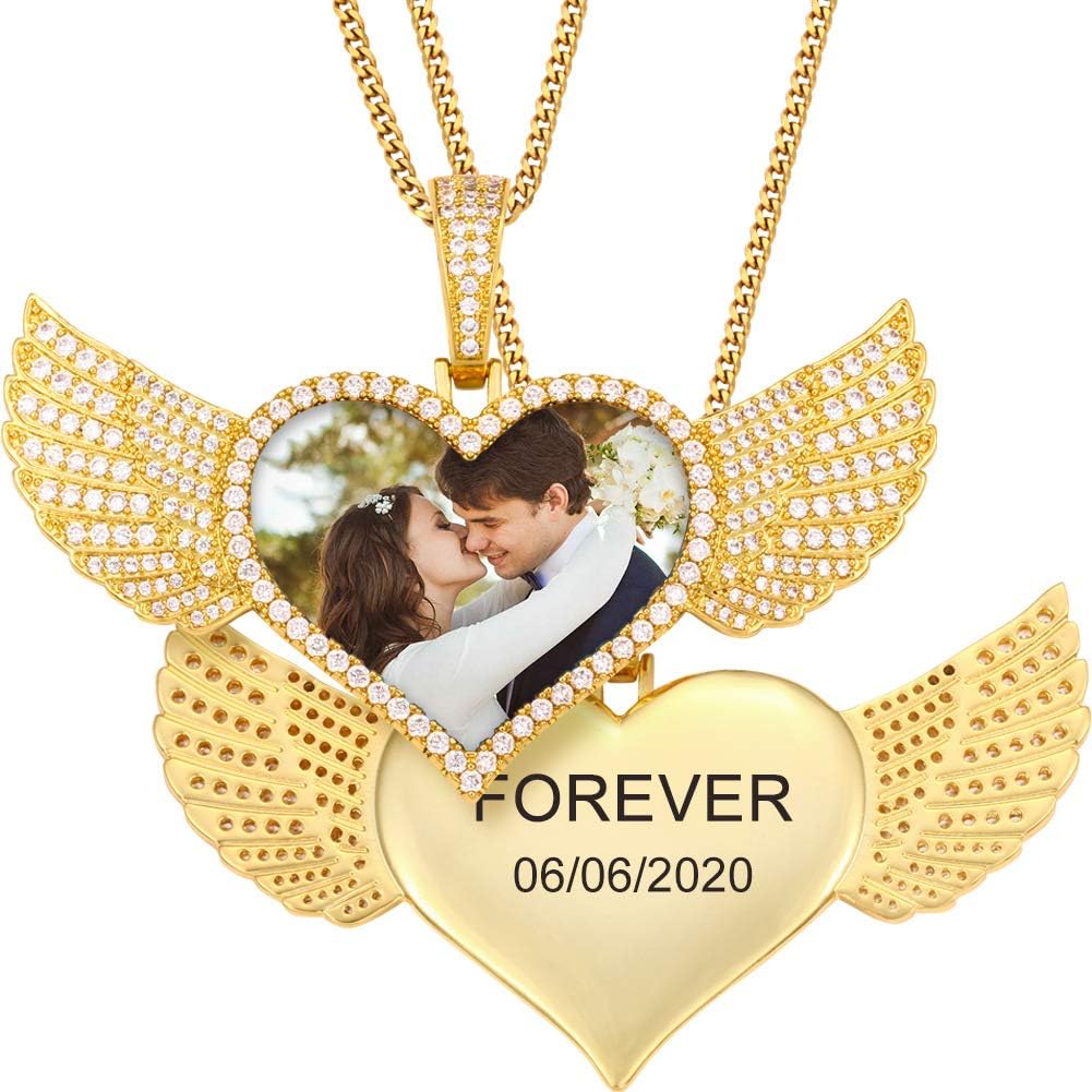 TUHE 18K Gold or Platinum Plated Custom Picture & Text Necklace Personalized Hip Hop AAA CZ Iced Out Heart Angle Wings Pendant Photo Necklace for Men Women Memory Chain Necklace Customized Rope/Tennis