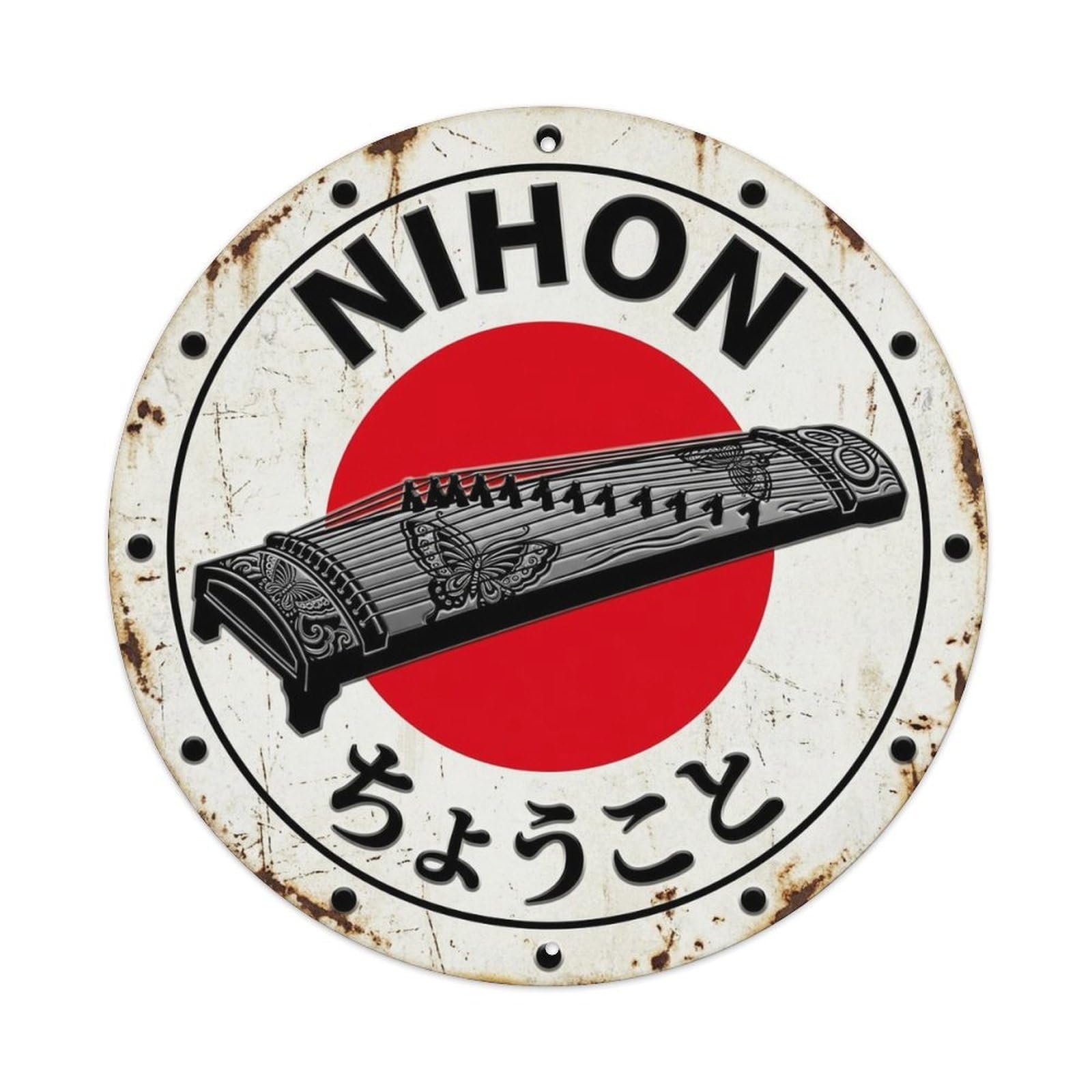 Butterfly Koto Nihon Elegant Insect Old Style Label Metal Tin Sign Plaque Wall Decor for Cafe, Man Cave, Club Bar, Office, Home Garden Round Metal Poster 8x8Inch