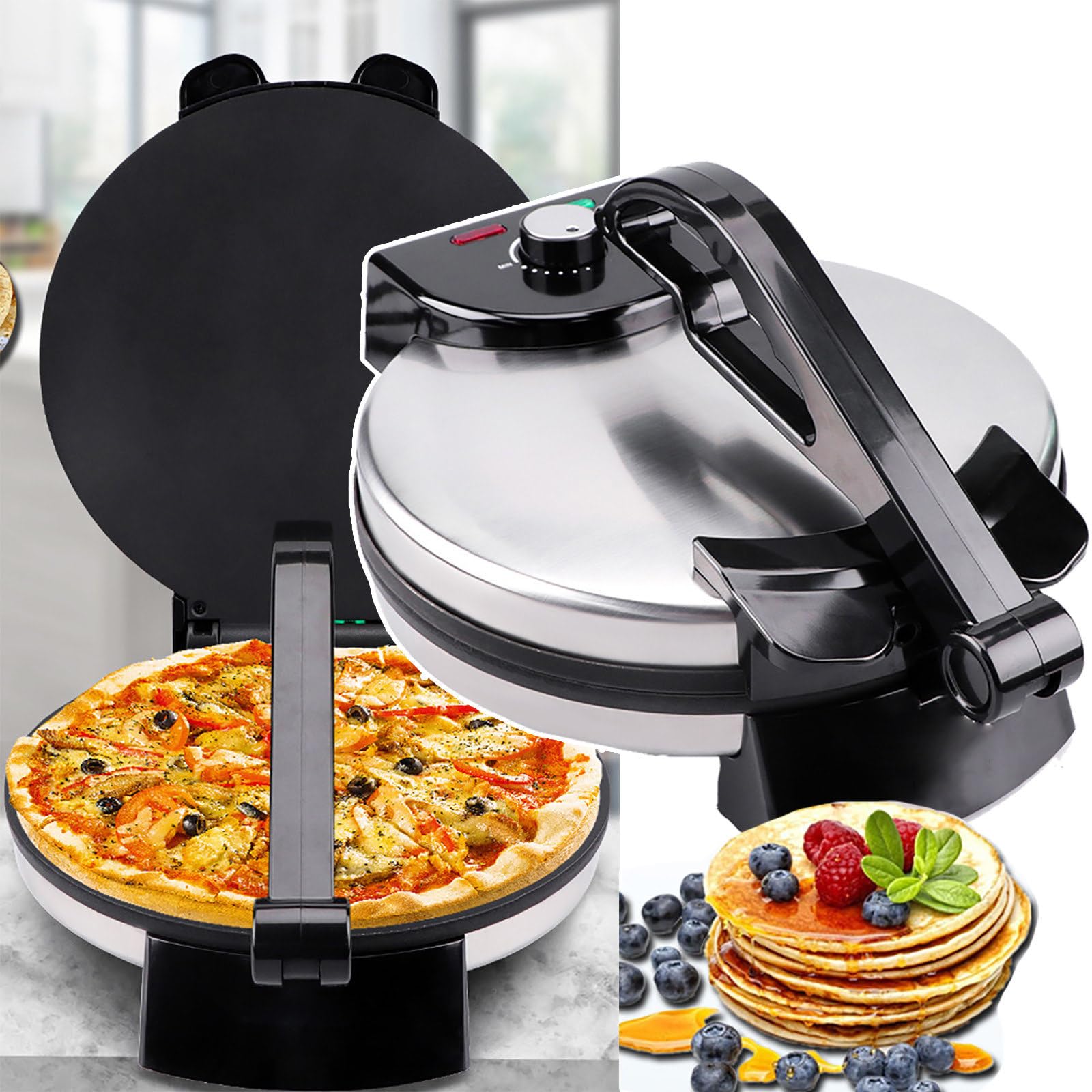 Macchina Per Pancake Antiaderente Da 1800 W, Macchina Per Crepe Da 12 Pollici, Riscaldamento Su Entrambi I Lati + Indicatore Led, Prepara Facilmente Chapati/Tortilla Perfetti