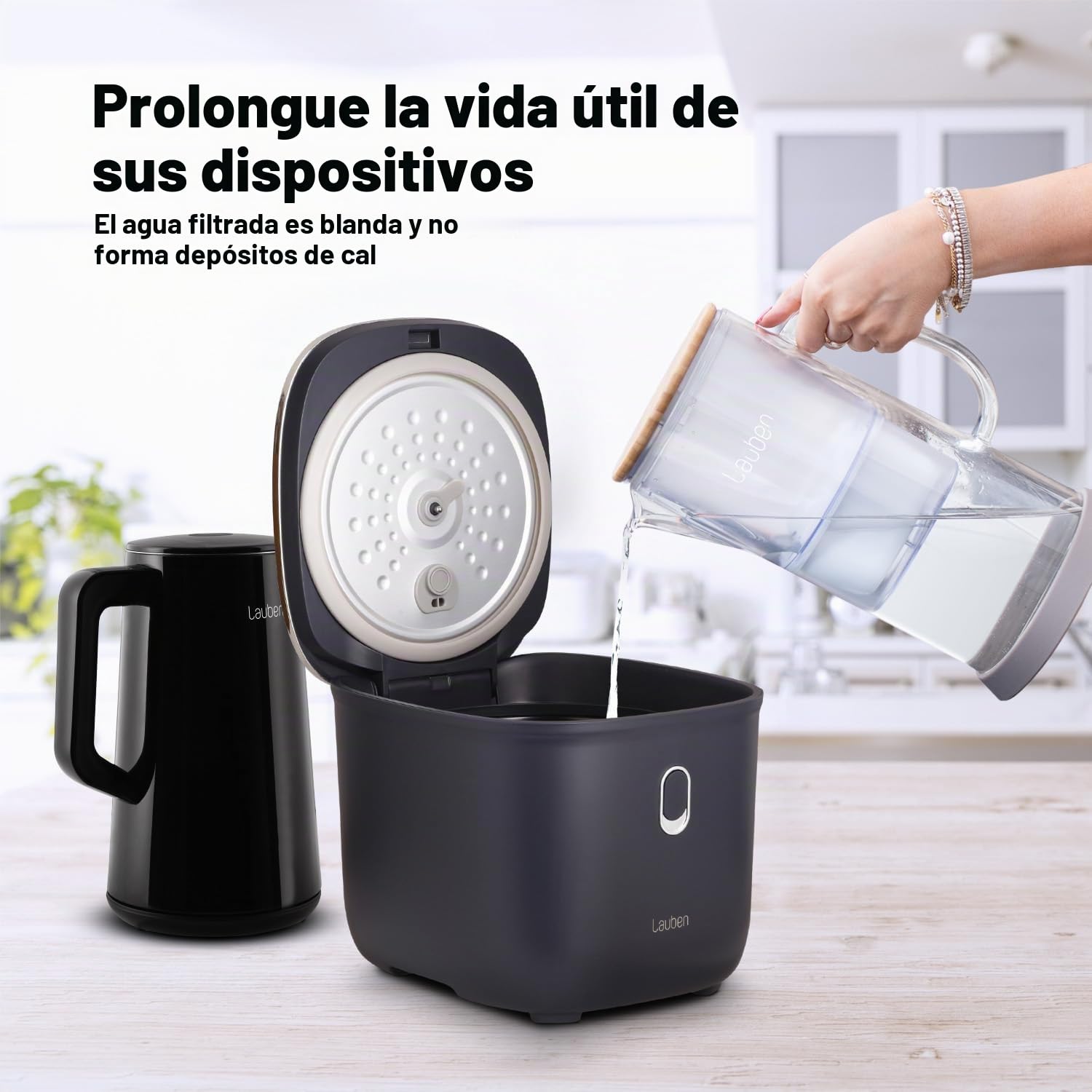 Jarra de filtro Lauben 32 GW, 3.2 l, vidrio borosilicato, cartucho incluido, tapa antibacteriana de bambú