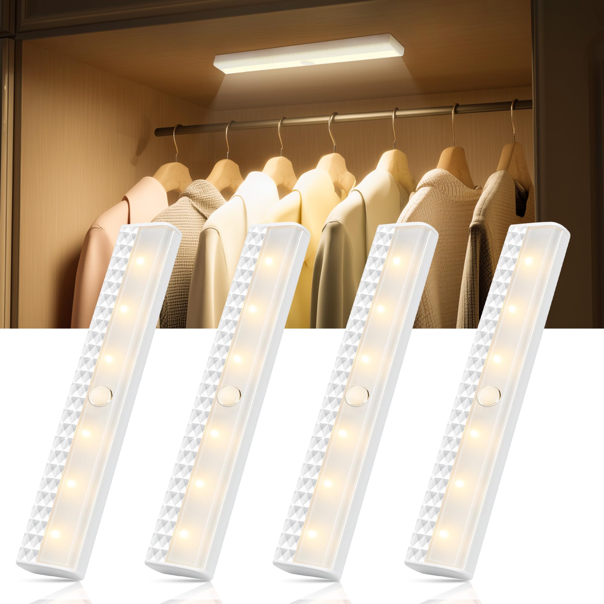Kleiderschrank Beleuchtung Kabellos mit Sensor - schrankbeleuchtung led bewegungssensor Innen, Akku Lampe Treppenbeleuchtung, Kleiderschrank Licht mit Bewegungsmelder, Vitrine Schranklicht 4PCS