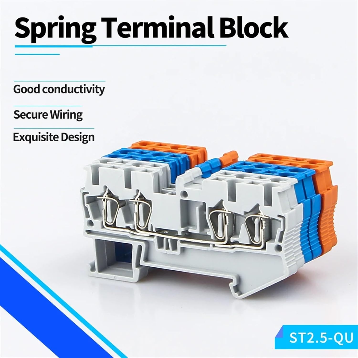 Din Rail Terminal Block 10Pcs ST-2.5-Quattro Wire Connectors Pull Type 4 Conductors Spring Wiring Terminal Blocks(Blue)