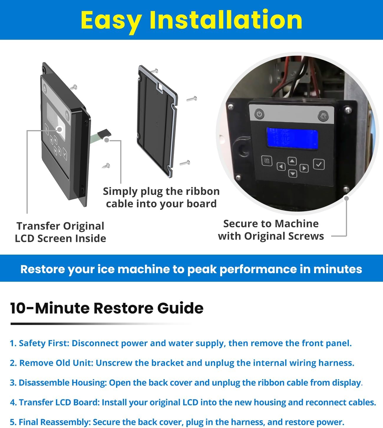 000007926 Touch Pad LCD Housing Assembly Compatible with Manitowoc Indigo Series Ice Machines, Replacement for MAN000007926, 7926, Fits I0450 I0500 I0606 I1000 ID IY IR SD SY Series (No Display)