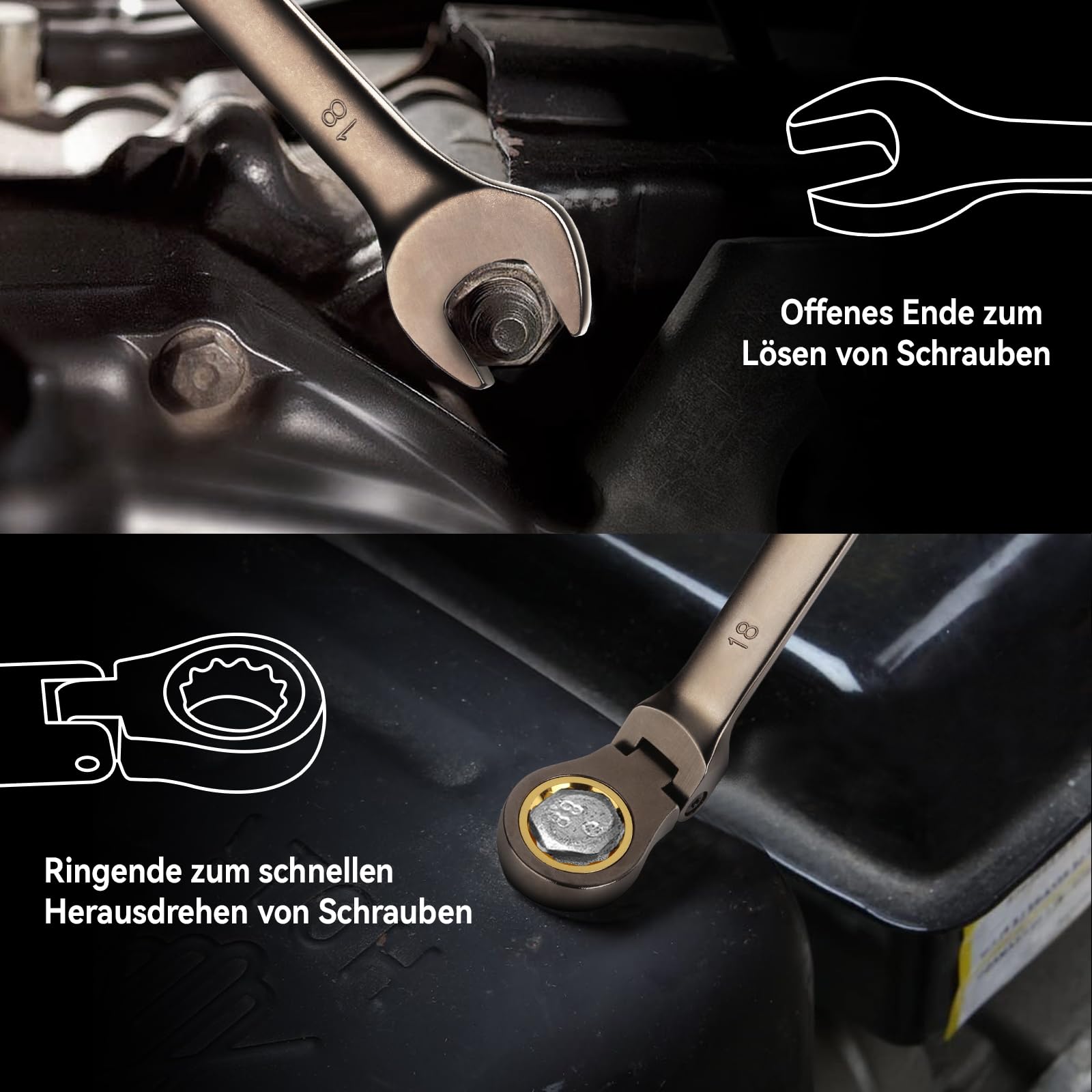 DISEN 12-teiliges Ratschenschlüssel-Set mit Flexkopf, 90 Zähne, metrisches Kombinations-Ratschenschlüssel-Set, 8–19 mm, vernickelter Cr-V-Stahl mit Organizer-Rack