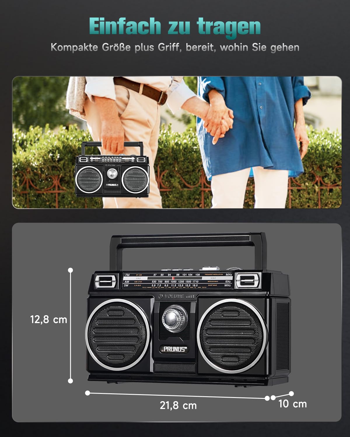PRUNUS J-750 Retro Radio FM/AM/SW Transistorradio, Tragbares Radio mit 1800mAh Akku, Solar/USB-C Aufladbar, Buntes Licht, Nostalgie Radio mit Bluetooth Unterstützt USB/TF-Karte Spielen.