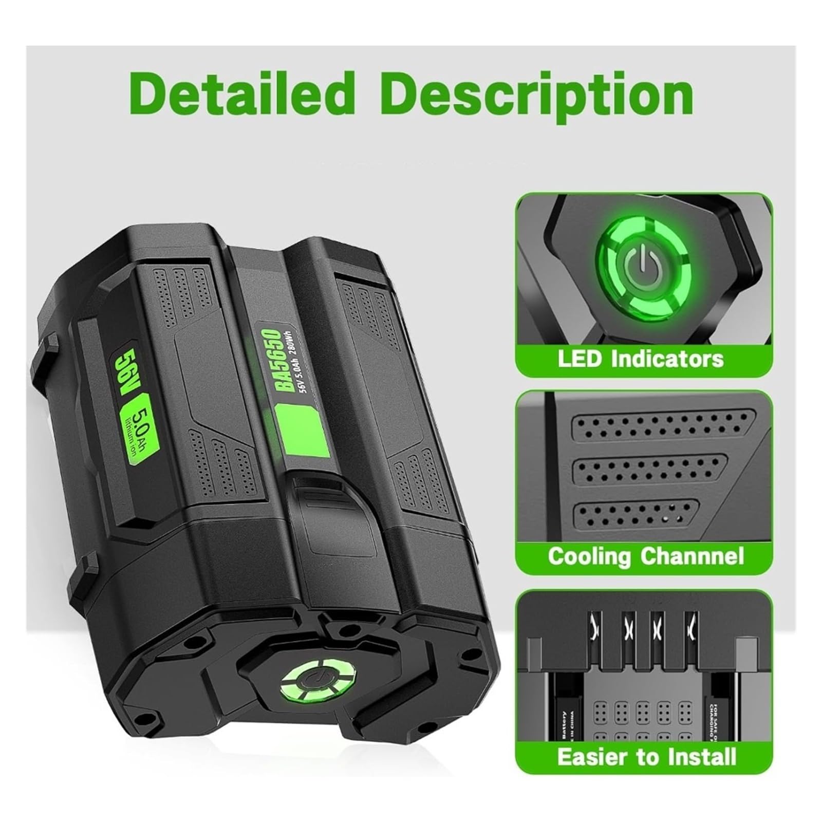 Batteria Per Utensili Elettrici 56V 5.0Ah, Compatibile Con EGO 56V Power+, Compatibile Con BA2800, BA4200, BA1400